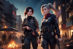 masterpiece,best quality, highly detailed, ruby_rose, looking_at_viewer,  cowboy shot, patrolling with white haired female military officer, officer with long white ponytail, in futuristic city street, night, stars, female military on street, post-war ruins in distance, bonfire, post-apocalypse, dystopian future, poakl