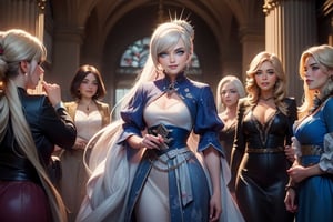 masterpiece,best quality, highly detailed, weiss schnee, looking at viewer, scar across eye, long white hair, side ponytail, smile, cowboy shot, (she is standing inside townhall, (standing with 4 women)), crowd, (volumetric lighting), intricate details, tonemapping, sharp focus, hyper detailed poakl,