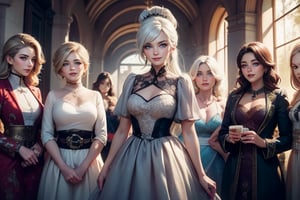 masterpiece,best quality, highly detailed, weiss schnee, looking at viewer, scar across eye, long white hair, side ponytail, smile, cowboy shot, (she is standing inside townhall, (standing with 4 women)), crowd, (volumetric lighting), intricate details, tonemapping, sharp focus, hyper detailed poakl,