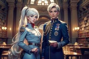 masterpiece,best quality, highly detailed, weiss schnee, scar across eye, long white hair, side ponytail, cowboy shot, looking at viewer, ((she is wearing a military uniform, standing next to fellow officer)), standing in ornate library, crowd, (volumetric lighting), intricate details, tonemapping, sharp focus, hyper detailed poakl,