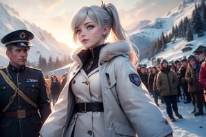 masterpiece,best quality, highly detailed, weiss schnee, scar across eye, long white hair, side ponytail, cowboy shot, she is wearing a white coat over military uniform, next to black haired female military officer on snow covered mountain slope, near ski lodge, other military officers are present, crowd, (volumetric lighting), intricate details, tonemapping, sharp focus, hyper detailed poakl,