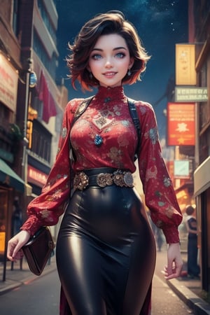 masterpiece,best quality, highly detailed, ruby_rose,1girl,solo,looking_at_viewer, smile, cowboy shot, walking, in futuristic city street, night, stars, poakl