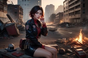 masterpiece,best quality, highly detailed, ruby_rose, looking_at_viewer, ((cowboy shot)), sitting with other female officers, sitting in collapsed school buildings, desks, bonfire, rubble, post-apocalypse, dystopian future,  poakl