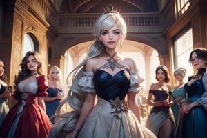 masterpiece,best quality, highly detailed, weiss schnee, looking at viewer, scar across eye, long white hair, side ponytail, smile, cowboy shot, (she is standing inside townhall, (standing with 4 women)), crowd, (volumetric lighting), intricate details, tonemapping, sharp focus, hyper detailed poakl,