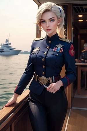 masterpiece,best quality, highly detailed, ruby_rose, looking_at_viewer, ((cowboy shot)), wearing military uniform, standing on pier, next to futuristic yacht, with white haired female military officer, officer with long white ponytail, other military officers, poakl