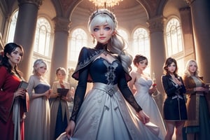 masterpiece,best quality, highly detailed, weiss schnee, looking at viewer, scar across eye, long white hair, side ponytail, smile, cowboy shot, (she is standing inside townhall, (standing with 4 women)), crowd, (volumetric lighting), intricate details, tonemapping, sharp focus, hyper detailed poakl,