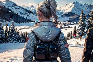 masterpiece,best quality, highly detailed, weiss schnee, scar across eye, (long white hair, side ponytail), viewer looking from behind, cowboy shot, she is wearing a white coat over military uniform, patrolling with black haired female military officer on snow covered mountain slope, near ski lodge, other military officers are present, crowd, (volumetric lighting), intricate details, tonemapping, sharp focus, hyper detailed poakl,