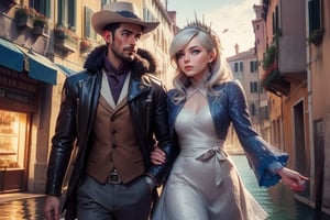  masterpiece,best quality, highly detailed, weiss schnee,1girl,solo,scar across eye,  cowboy shot, walking with female companion in venice, italy, canal, crowd, (volumetric lighting), intricate details, tonemapping, sharp focus, hyper detailed poakl, 