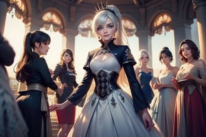 masterpiece,best quality, highly detailed, weiss schnee, looking at viewer, scar across eye, long white hair, side ponytail, smile, cowboy shot, (she is standing inside townhall, (standing with 4 women)), crowd, (volumetric lighting), intricate details, tonemapping, sharp focus, hyper detailed poakl,