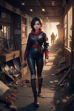 masterpiece,best quality, highly detailed, ruby_rose, looking_at_viewer, cowboy shot, wearing military uniform, walking, in cityscape, inside wrecked store, female military on street, post-war ruins in distance, bonfire, post-apocalypse, dystopian future, poakl