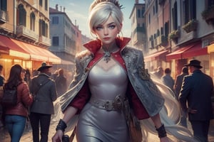  masterpiece,best quality, highly detailed, weiss schnee,1girl,solo,scar across eye,  cowboy shot, walking with  companion in venice, italy, crowd, (volumetric lighting), intricate details, tonemapping, sharp focus, hyper detailed poakl, 