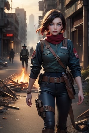 masterpiece,best quality, highly detailed, ruby_rose, looking_at_viewer, ((cowboy shot)), wearing military uniform, walking, in cityscape,  female military on street, post-war ruins in distance, bonfire, post-apocalypse, dystopian future, poakl