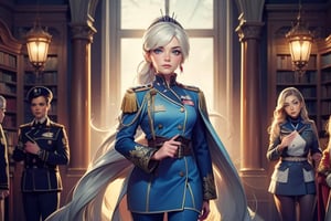 masterpiece,best quality, highly detailed, weiss schnee, scar across eye, long white hair, side ponytail, cowboy shot, ((she is wearing a military uniform, standing next to female officer)), standing in ornate library, crowd, (volumetric lighting), intricate details, tonemapping, sharp focus, hyper detailed poakl,