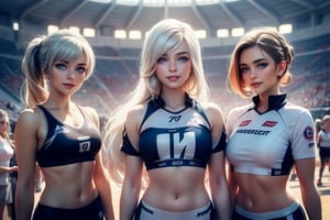 masterpiece,best quality, highly detailed, weiss schnee, looking at viewer, scar across eye, long white hair, side ponytail, smile, cowboy shot, (she is standing inside sport stadium (standing with 4 women)), crowd, (volumetric lighting), intricate details, tonemapping, sharp focus, hyper detailed poakl,