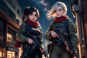 masterpiece,best quality, highly detailed, ruby_rose, looking_at_viewer,  cowboy shot, patrolling with white haired female military officer, officer with long white ponytail, in futuristic city street, night, stars, female military with weapons, poakl