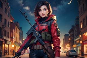 masterpiece,best quality, highly detailed, ruby_rose,1girl,solo,looking_at_viewer, smile, cowboy shot, standing, in futuristic city street, night, stars, female military patrolling with weapons, poakl