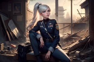 masterpiece,best quality, highly detailed, weiss schnee, scar across eye, long white hair, side ponytail, cowboy shot, she is armed and  wearing a military uniform, sitting with female officer, sitting in collapsed school building, desks, bonfire, rubble, other officers, present, post-apocalypse, dystopian future, (volumetric lighting), intricate details, tonemapping, sharp focus, hyper detailed poakl,