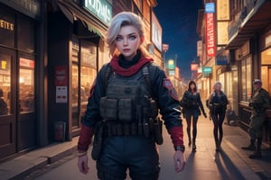 masterpiece,best quality, highly detailed, ruby_rose, looking_at_viewer,  cowboy shot, patrolling with white haired female military officer, officer with long white ponytail, in futuristic city street, night, stars, female military on street, poakl