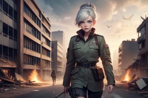  masterpiece,best quality, highly detailed, weiss schnee,1girl,solo,scar across eye, wearing military uniform, (cowboy shot), walking with female military officer in post apocalypse city, future urban, buildings in ruins, debris, bonfire, crowd, military officers on patrol, (volumetric lighting), intricate details, tonemapping, sharp focus, hyper detailed poakl, 