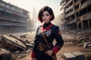 masterpiece,best quality, highly detailed, ruby_rose, very short black hair with red highlights, looking_at_viewer, ((cowboy shot)), wearing military uniform, standing with military officers from different countries, standing in collapsed stadium, bonfire, small crowd, rubble, burst waterpipe, post-apocalypse, dystopian future,  poakl