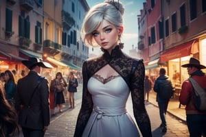  masterpiece,best quality, highly detailed, weiss schnee,1girl,solo,scar across eye,  cowboy shot, walking with  companion in venice, italy, crowd, (volumetric lighting), intricate details, tonemapping, sharp focus, hyper detailed poakl, 