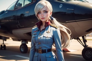 masterpiece,best quality, highly detailed, weiss schnee, scar across eye, long white hair, side ponytail, cowboy shot, she is wearing a military uniform, standing with female military officer in front of private jet,  other military officers are present (volumetric lighting), intricate details, tonemapping, sharp focus, hyper detailed poakl,