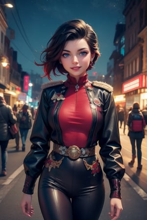 masterpiece,best quality, highly detailed, ruby_rose,1girl,solo,looking_at_viewer, smile, cowboy shot, walking, in futuristic city street, night, stars, military officers on patrol, poakl