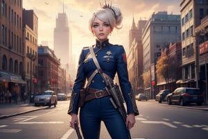  masterpiece,best quality, highly detailed, weiss schnee,1girl,solo,scar across eye,  cowboy shot, wearing military uniform, standing with fellow officer in cityscape, (volumetric lighting), intricate details, tonemapping, sharp focus, hyper detailed poakl, 