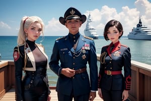 masterpiece,best quality, highly detailed, ruby_rose, looking_at_viewer, ((cowboy shot)), wearing military uniform, standing on pier, next to luxury yacht, with white haired female military officer, officer with long white ponytail, other military officers on jet, poakl