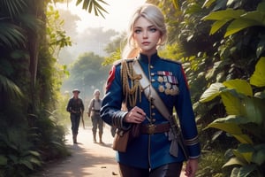  masterpiece,best quality, highly detailed, weiss schnee, scar across eye, long white hair, side ponytail, cowboy shot, she is wearing a military uniform, walking with female military officer in tropical rainforest, lush vegitation, disused building,  other military officers are present with weapons (volumetric lighting), intricate details, tonemapping, sharp focus, hyper detailed poakl, 