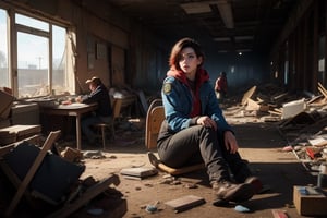 masterpiece,best quality, highly detailed, ruby_rose, looking_at_viewer, ((cowboy shot)), sitting with other female officers, sitting in collapsed school buildings, desks, bonfire, rubble, post-apocalypse, dystopian future,  poakl