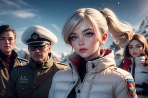 masterpiece,best quality, highly detailed, weiss schnee, scar across eye, long white hair, side ponytail, cowboy shot, she is wearing a white coat over military uniform, patrolling with black haired female military officer on snow covered mountain slope, near ski lodge, other military officers are present, crowd, (volumetric lighting), intricate details, tonemapping, sharp focus, hyper detailed poakl,