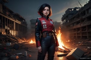 masterpiece,best quality, highly detailed, ruby_rose, very short black hair with red highlights, looking_at_viewer, ((cowboy shot)), wearing military uniform, standing with military officers from different countries, standing in collapsed stadium, bonfire, small crowd, rubble, burst waterpipe, post-apocalypse, dystopian future,  poakl