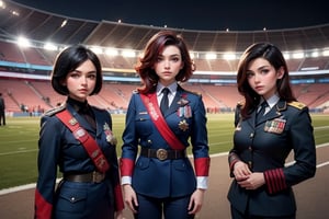 masterpiece,best quality, highly detailed, ruby_rose, very short black hair with red highlights, looking_at_viewer, ((cowboy shot)), wearing military uniform, standing with female officers who are representing different countries, standing in stadium, small crowd, spectators, poakl