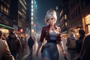  masterpiece,best quality, highly detailed, weiss schnee,1girl,solo,scar across eye,  cowboy shot, walking with female companion in cityscape, crowd, (volumetric lighting), intricate details, tonemapping, sharp focus, hyper detailed poakl, 