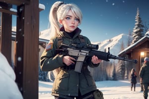 masterpiece,best quality, highly detailed, weiss schnee, scar across eye, long white hair, side ponytail, cowboy shot, she is armed and  wearing a military uniform, standing with black haired female officer on snow covered mountain slope, near ski lodge, other military officers are present, crowd, (volumetric lighting), intricate details, tonemapping, sharp focus, hyper detailed poakl,