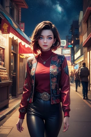 masterpiece,best quality, highly detailed, ruby_rose,1girl,solo,looking_at_viewer, cowboy shot, walking, in futuristic city street, night, stars, poakl