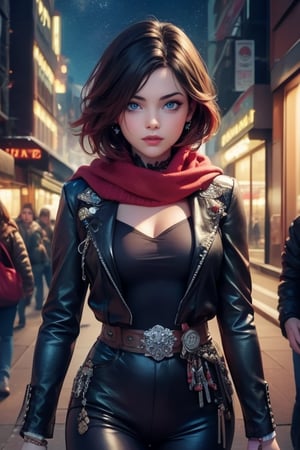 masterpiece,best quality, highly detailed, ruby_rose,1girl,solo,looking_at_viewer, cowboy shot, walking, in futuristic city street, night, stars, poakl