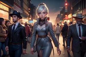  masterpiece,best quality, highly detailed, weiss schnee,1girl,solo,scar across eye,  cowboy shot, walking with female companion in cityscape, crowd, (volumetric lighting), intricate details, tonemapping, sharp focus, hyper detailed poakl, 