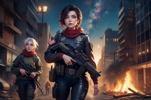 masterpiece,best quality, highly detailed, ruby_rose, looking_at_viewer,  cowboy shot, patrolling with white haired female military officer, officer with long white ponytail, in futuristic city street, night, stars, female military on street, post-war ruins in distance, bonfire, post-apocalypse, dystopian future, poakl