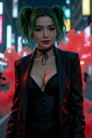 Art of a joker Joker's twisted grin wearing her ((makeup face:1.3)),  ((her suit)), ((black skrit)), black glove sharp claw, ((red smoke)), her ((green ponnytail bun hairstyle:1.5)), sexy pose, dark night, ((neon light city)), cyberpunk realistic city background 