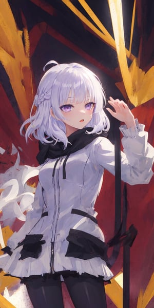 (masterpiece), best quality, ultra-detailed, illustration, 1girl, solo, floating hairs, vestiadef, wallpaper, 1girl, teen, aaarisu, aaarisu
medium hair, braid, blunt bangs, small_breasts, looking_at_viewer, white_hair, light_purple_eyes, hooded_jacket, one_hand_raised,aaarisu