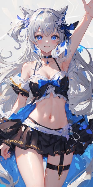 (masterpiece), best quality, ultra-detailed, illustration, 1girl, solo, floating hairs, vestiadef, wallpaper, vestia zeta, virtual youtuber, hair ribbon, hair ornament, grey_hair, blue_eyes, bare_shoulder, collarbone, navel, upper_body, thigh, light smile, cleavage, seductive_pose ,hand_on_back, showing_armpits, dynamic background,