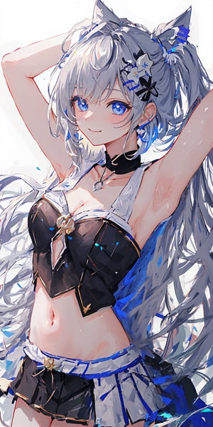 (masterpiece), best quality, ultra-detailed, illustration, 1girl, solo, floating hairs, vestiadef, wallpaper, vestia zeta, virtual youtuber, hair ribbon, hair ornament, grey_hair, blue_eyes, bare_shoulder, collarbone, navel, upper_body, thigh, light smile, cleavage, seductive_pose ,hand_on_back, showing_armpits, cityscape,