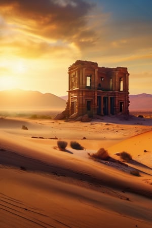 (Masterpiece, detailed image, 8k) A ruin standing in the desert illuminated by the setting sun, dust swirling around, in tatters.