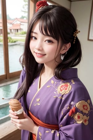 (rokoko:1.5),Background of details(Lakeside scenery outside the window:1.2),BREAK ,elaborate costume(Luxury kimono(Colorful kimono(detailed embroidery(Yokai embroidery)))),BREAK,(1 Beautiful and classy adult woman(Shy smile:1.5)(Japanese actressl:1.2)(glossy dark hair(poneyTail:1.2))),(eye glass(four corners:1.2)),(Have a soft-serve ice cream:1.2),BREAK,Wallpapers 16K,Blur the background,(masutepiece:1.5),(Best Quality:1.5),(Portrait photos:1.5),