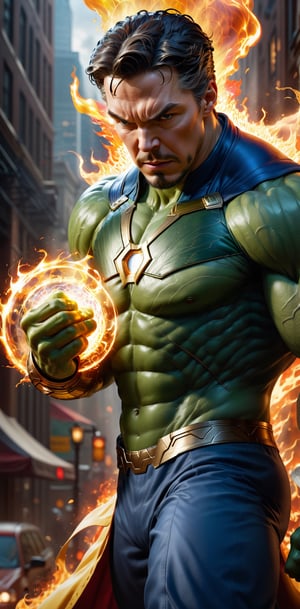 Imagine a dynamic scene featuring the combining of iconic Marvel Comics character, docter strange and hulk. Visualize him engulfed in flames, radiating with fiery intensity. Craft a prompt for a super detailed, 32k Ultra HDR image capturing the essence of Human Torch's blazing presence – perfect face, flames, and dynamic pose. Choose a background that complements his character, creating a cinematic masterpiece with high realism and top-notch image quality