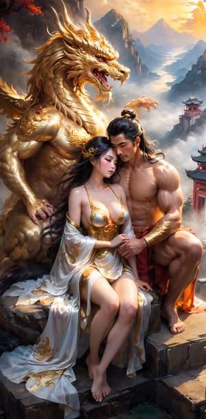 masterpiece, (couple cuddling) rough man Zeus muscular naked, beautiful, sexy, big breasts, cleavage, bare legs, see-through, squatting, hanfu, wet, clear, realistic, highest detail, mythology, dragon pattern, phoenix, sacred, holy, golden mountains, heavenly palace, countless palaces, clouds, golden light,detailmaster2