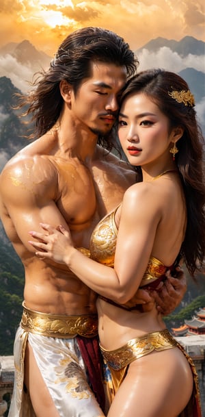 (couple cuddling) rough man Zeus muscular naked, beautiful, sexy, big breasts, cleavage, bare legs, see-through, standing, hanfu, wet, clear, realistic, highest detail, Chinese mythology, dragon pattern, phoenix, sacred, holy, golden mountains, heavenly palace, countless palaces, clouds, golden light