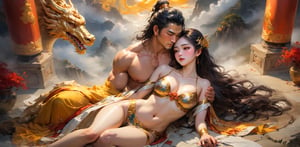 masterpiece, (couple cuddling) rough man Zeus muscular naked, beautiful, sexy, big breasts, cleavage, bare legs, see-through, lying on the ground, hanfu, wet, clear, realistic, highest detail, mythology, dragon pattern, phoenix, sacred, holy, golden mountains, heavenly palace, countless palaces, clouds, golden light,detailmaster2